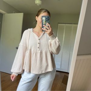 Waffle knit babydoll top with hood